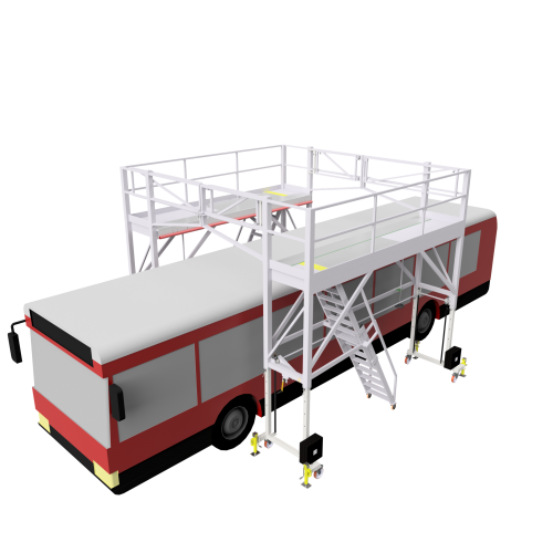 Space-saving, mobile, movable, flexible, two-part roof work stand, can be used individually, platform, height adjustment via rack and pinion drive, access technology, movable cassettes, movable platform extension, movable platforms, access technology