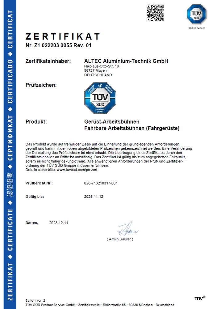 AluLight TÜV Zertifikat