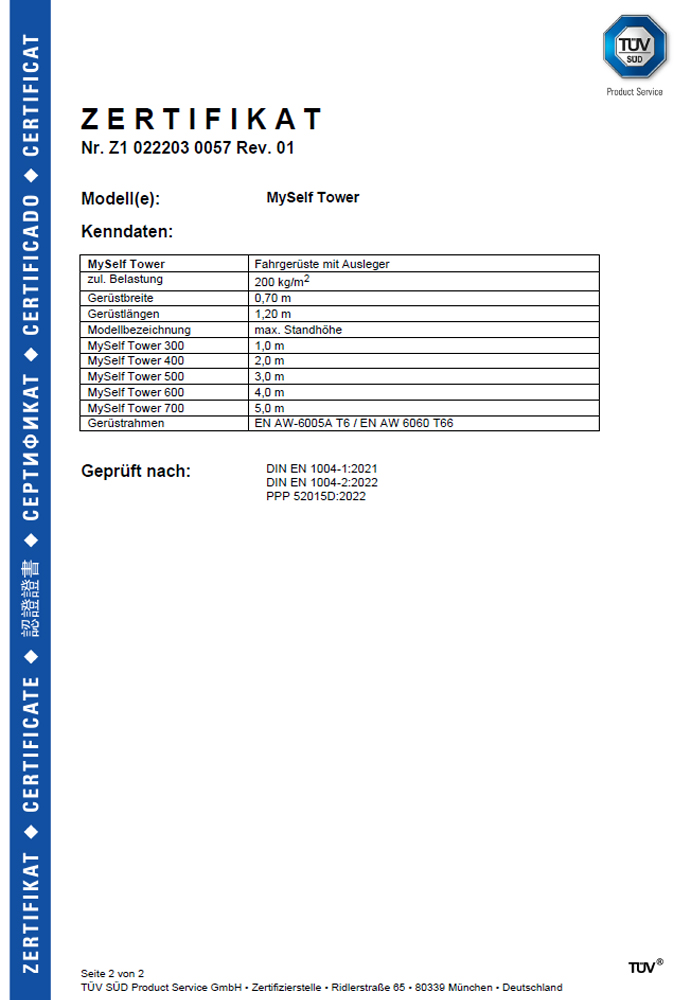 MySelf-Tower TÜV Zertifikat