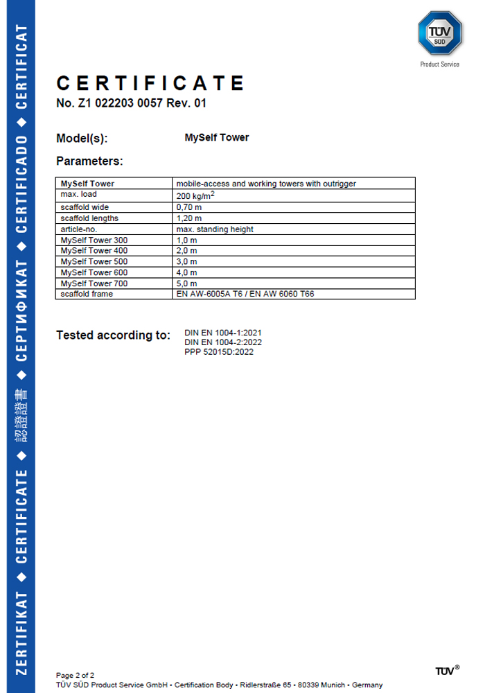 MySelf-Tower TÜV Certificate